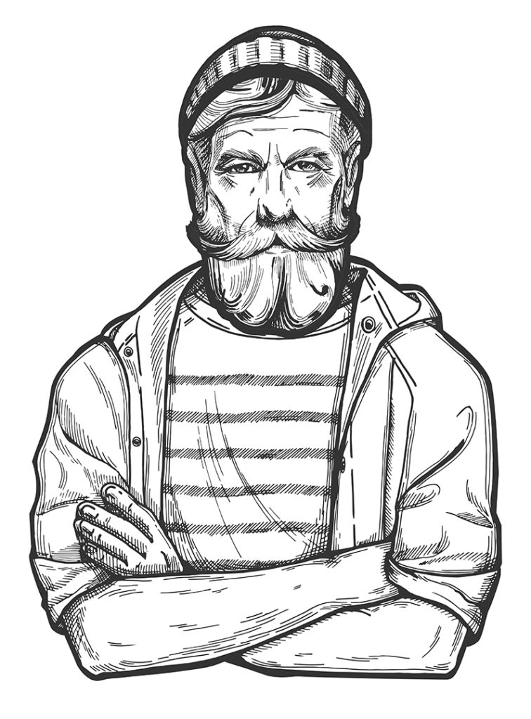 Vector illustration of a stylish man in age with a full beard and mustaches wearing beanie hat, raincoat and sailor striped shirt. Close-up portrait of a captain, yachtsman, archaeologist, expedition, traveler, marine, fisherman, angler.